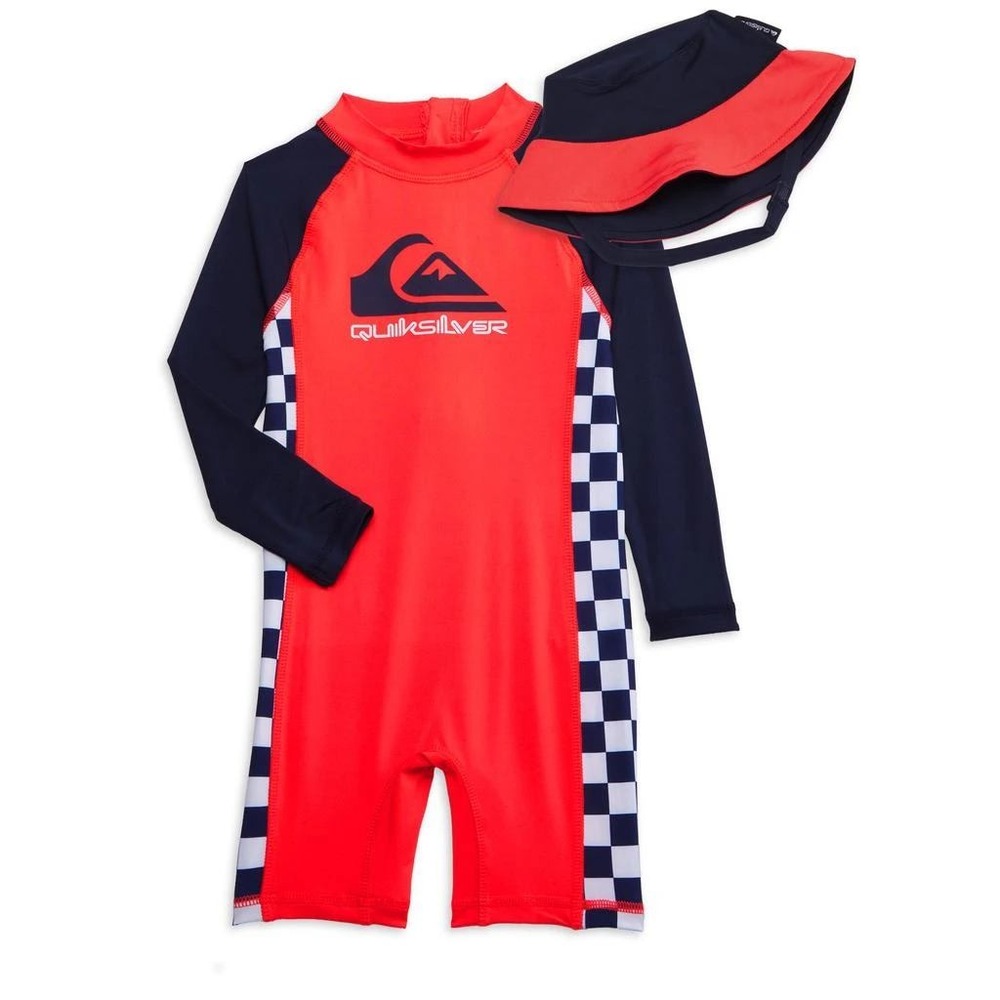 Quiksilver Baby Boys 6/9 MOS Rash Guard 1 Piece Swimsuit/Bucket Hat Navy/Orange